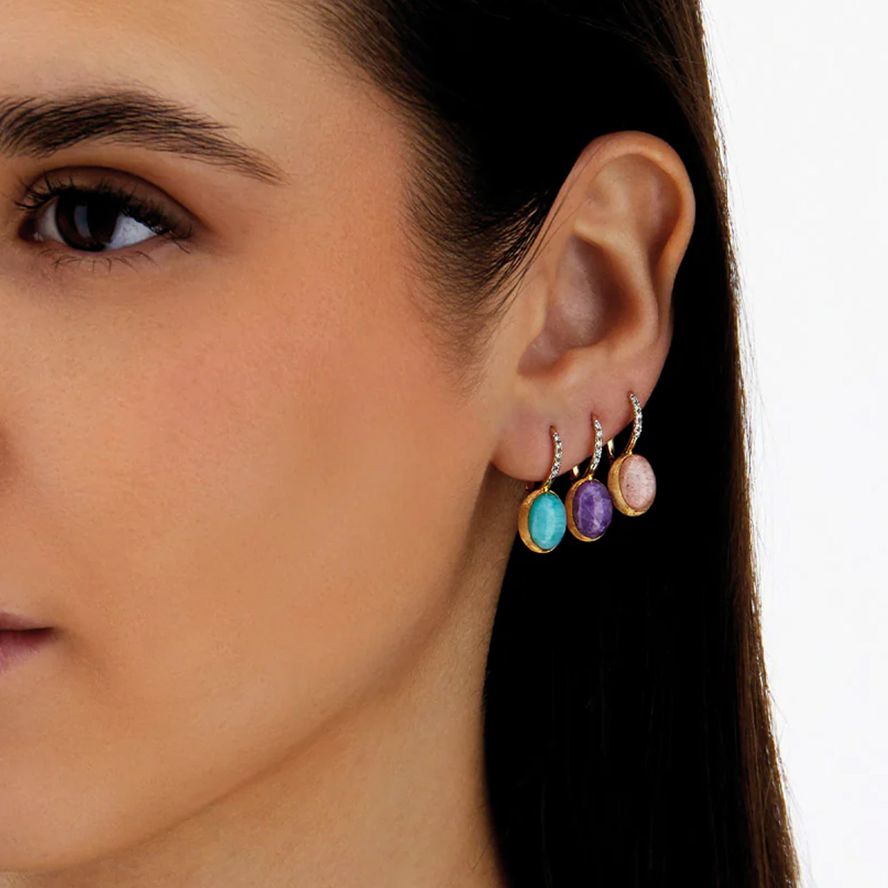 Earrings 750/- yellow gold diamonds 0.05 ct lepidolite mother-of-pearl 3.5 ct, Zubehor, Ohrring, Schmuck, Person, Frau