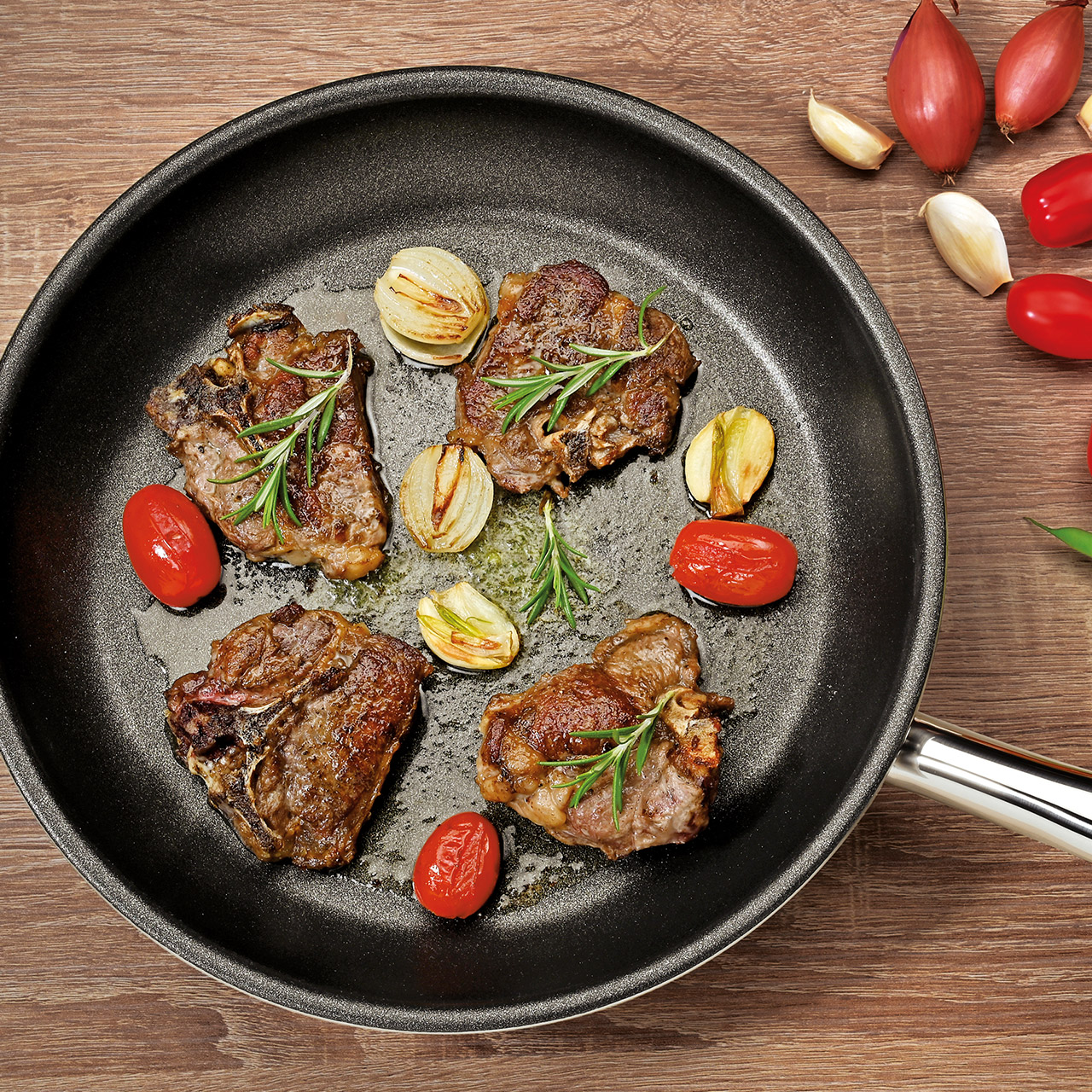 Frying pan 26 cm, Essen, Fleisch, Schwein, Präsentation des Essens, Hammelfleisch