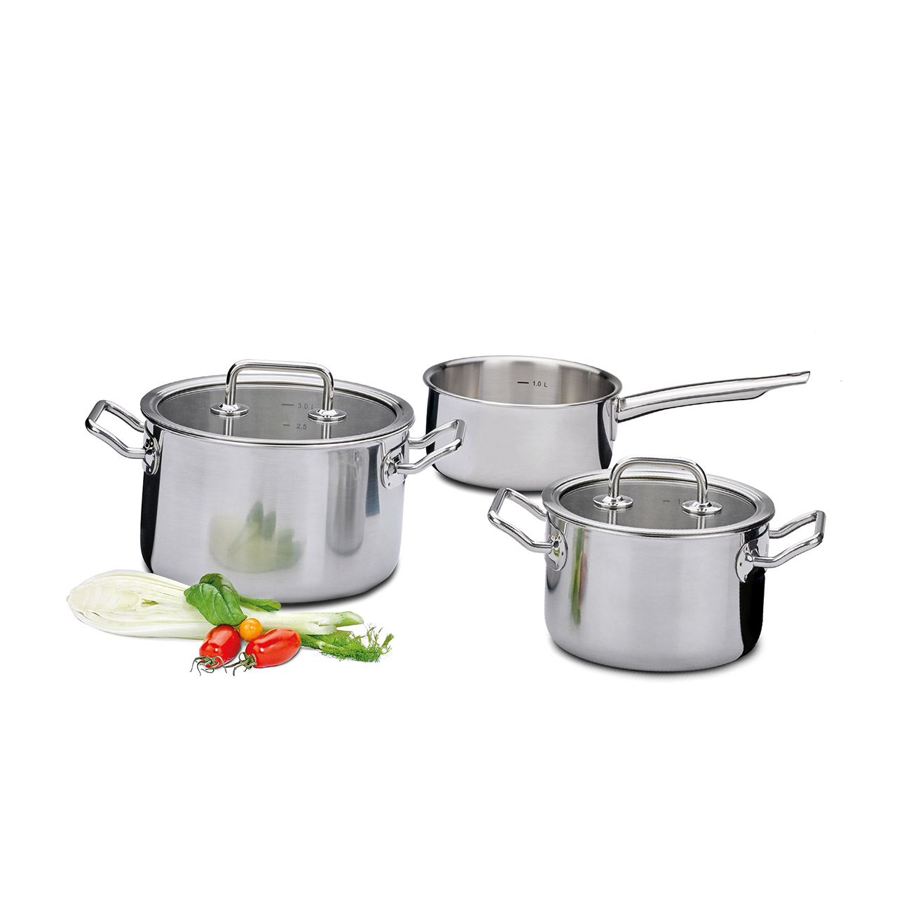 Set of 3 pots with glass lids, Kochgeschirr, Topf, Kochtopf, Essen, Kochpfanne