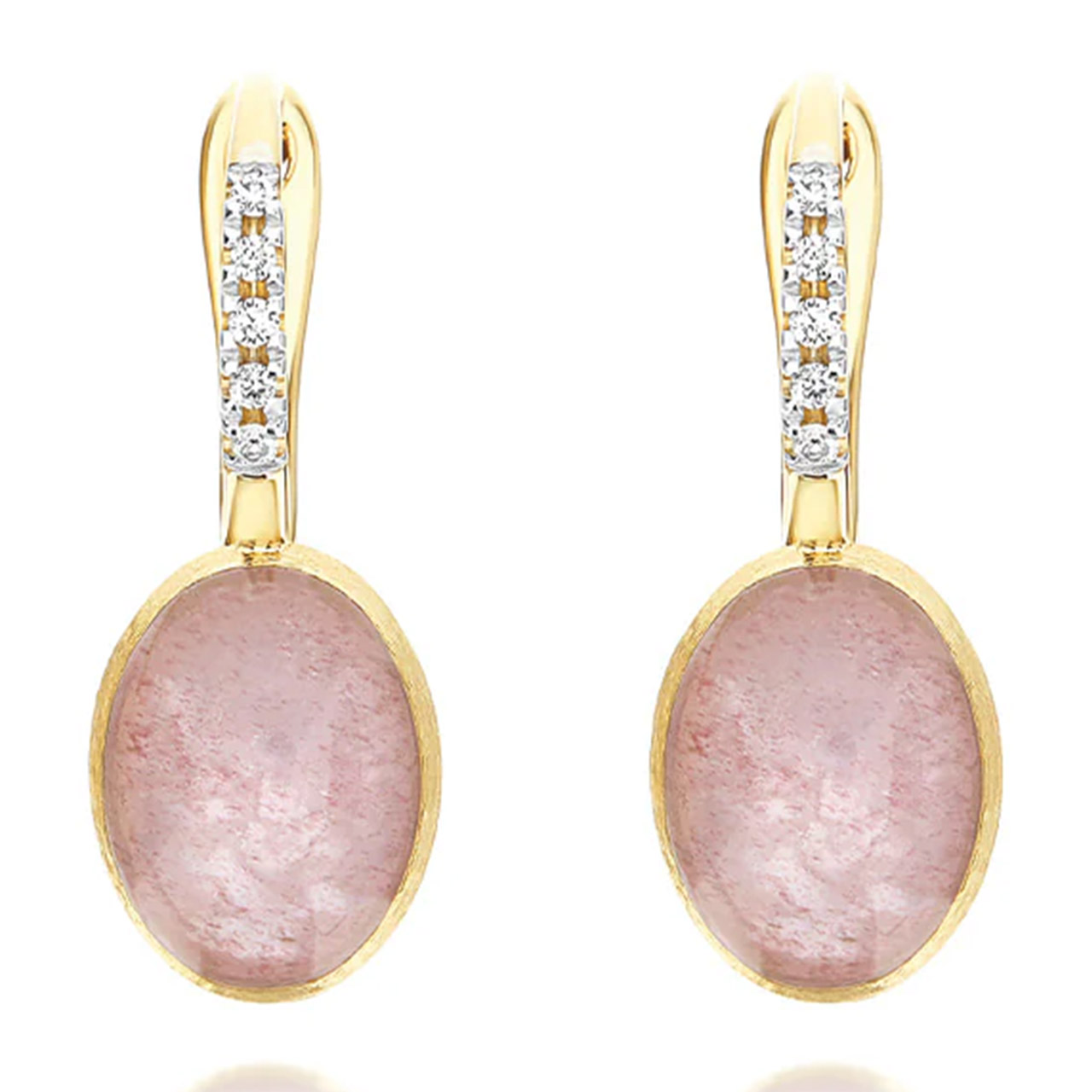 Earrings Strawberry quartz boules 750/- yellow gold Diamonds 0.05 ct Rock crystal Mother-of-pearl 3.5 ct, Zubehor, Ohrring, Schmuck, Kristall, Löffel