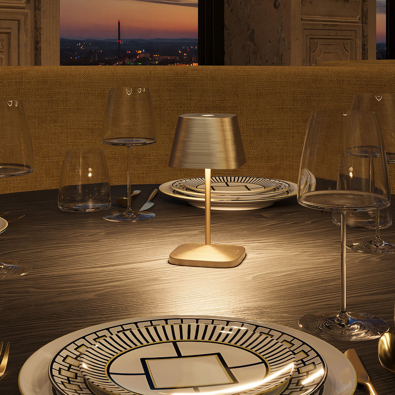 Table Lamp LED 20 cm dimmable gold brushed, Lampe, Besteck, Gabel, Glas, Tischplatte