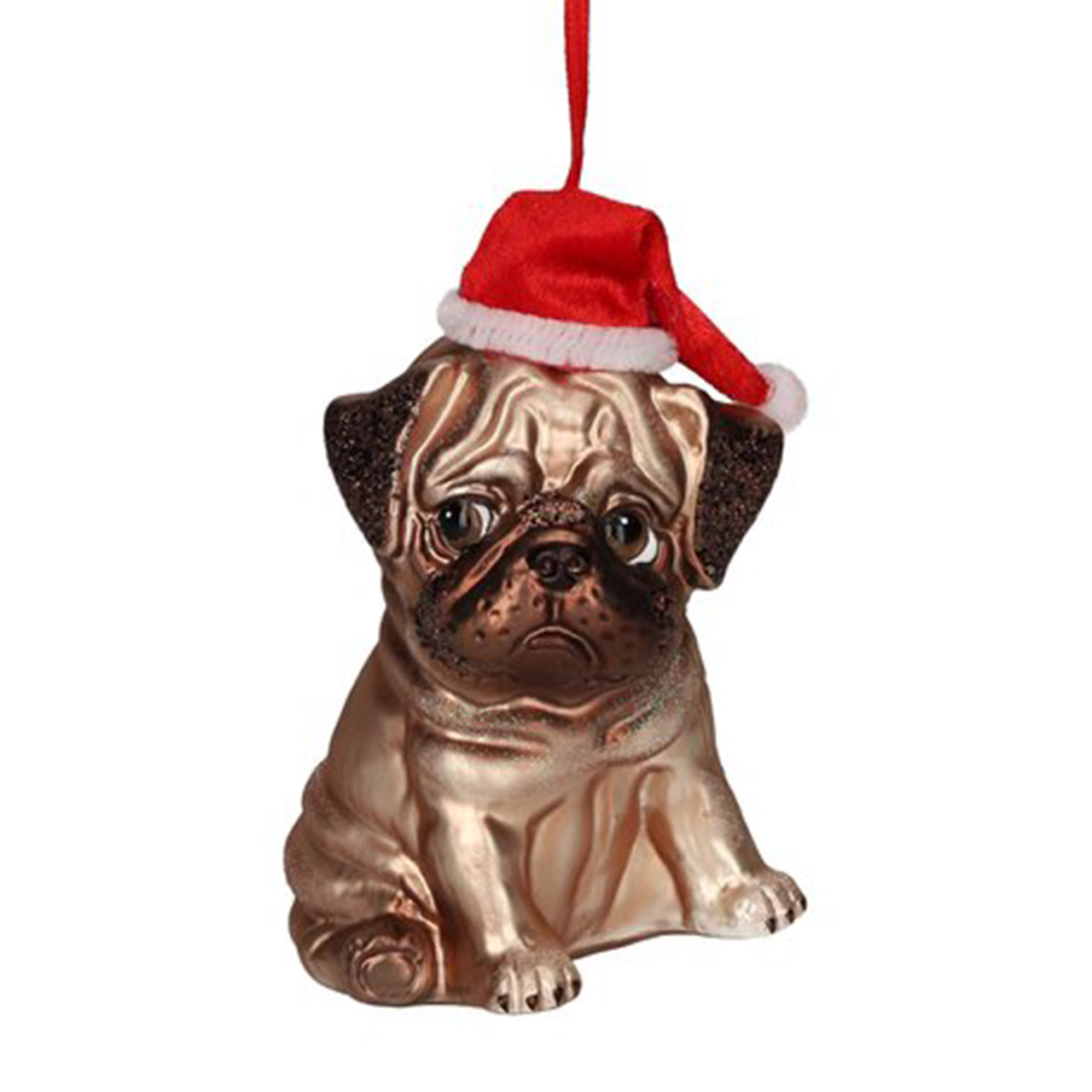 Christmas tree decoration Bulldog with Santa hat, Hund, Säugetier, Haustier, Mops