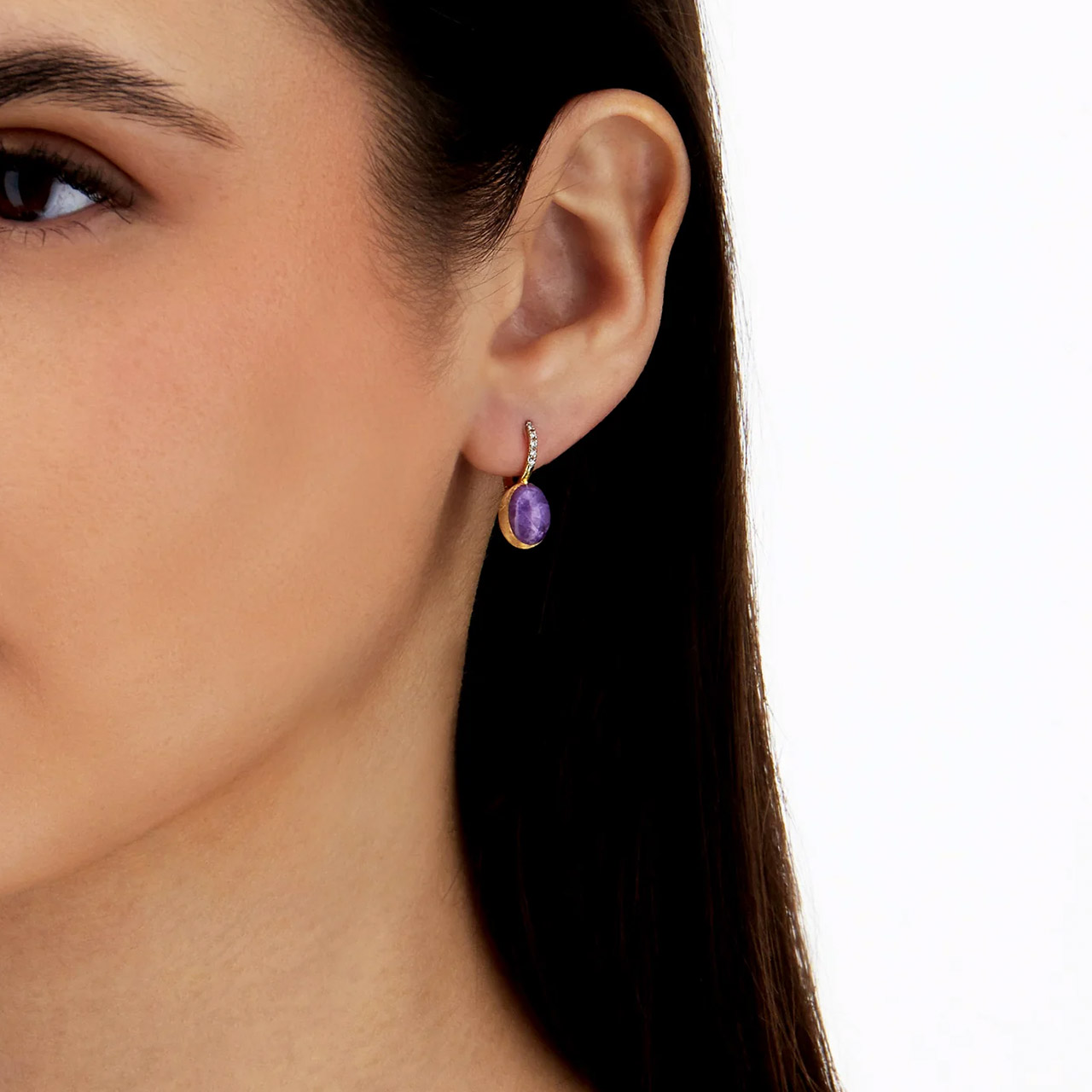 Earrings 750/- yellow gold diamonds 0.05 ct lepidolite mother-of-pearl 3.5 ct, Zubehor, Ohrring, Schmuck, Person, Frau