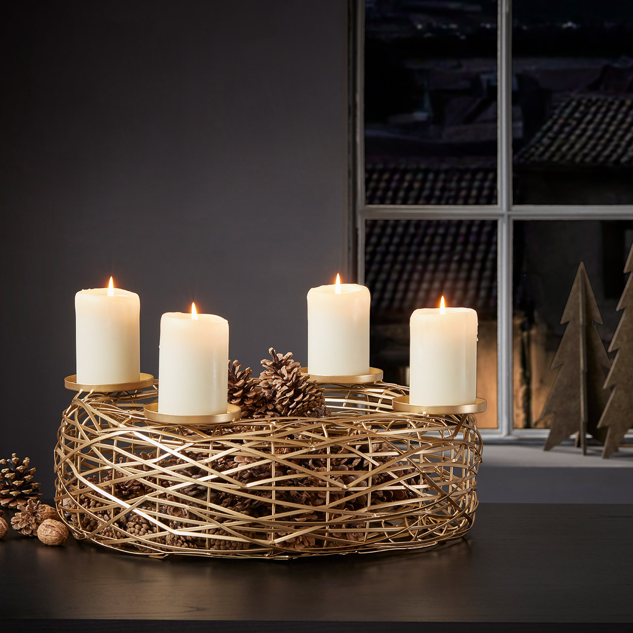 Advent wreath 40 cm gold, Kerze, Kerzenständer