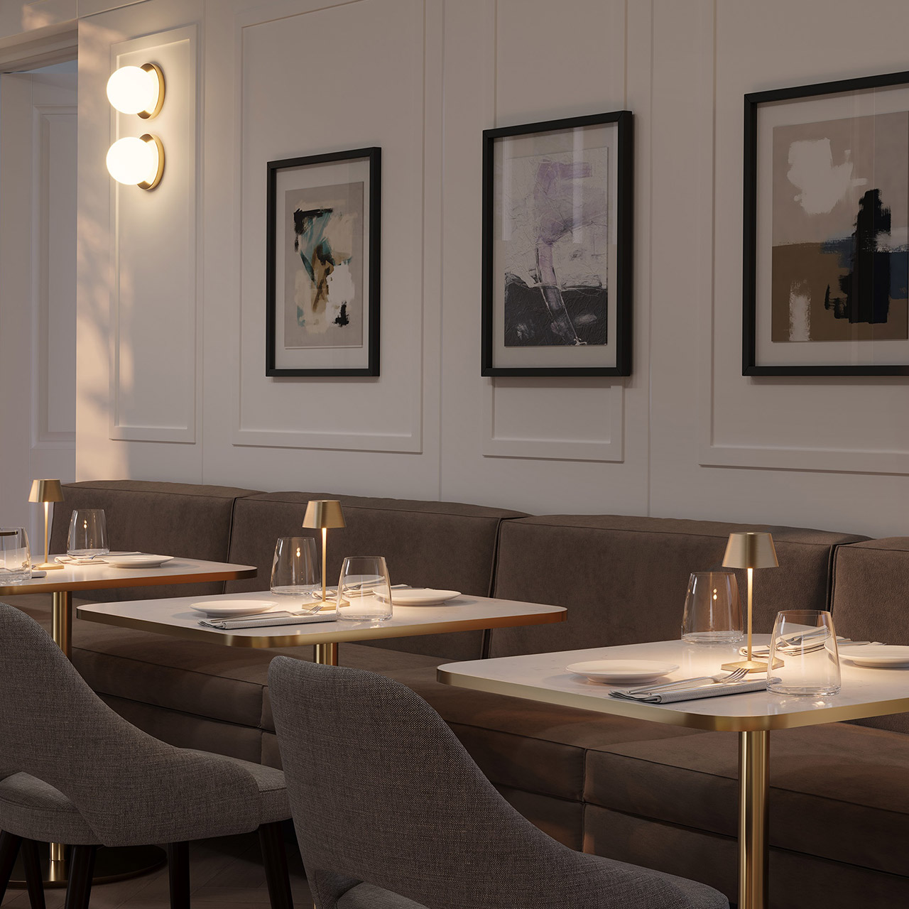 Table lamp LED 20 cm dimmable gold brushed, Esszimmer, Esstisch, Tisch, Restaurant, Innenarchitektur