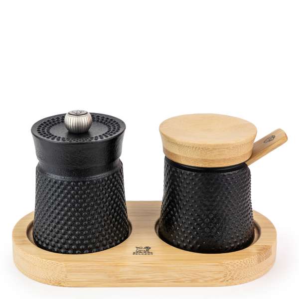 Pfeffermühle 8 cm und Salzgefäß mit Salzlöffel schwarz